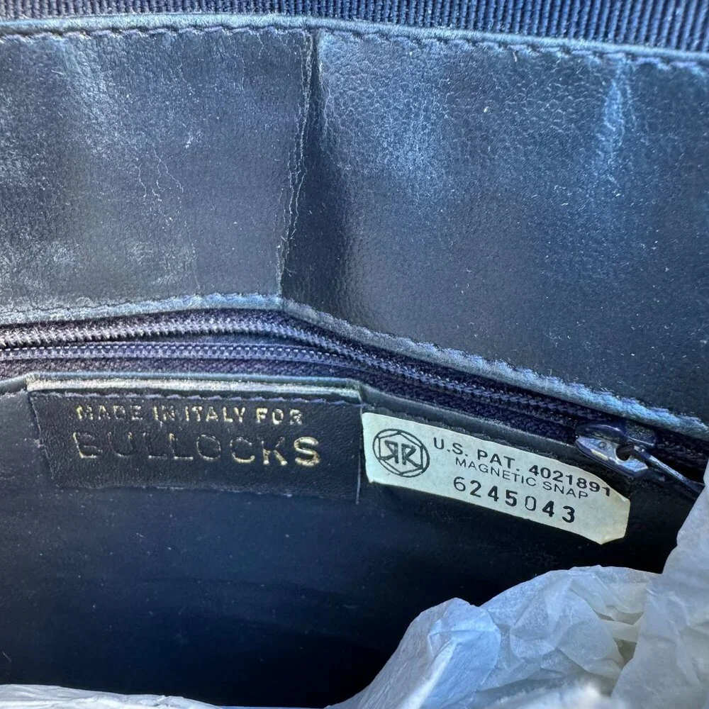 Bullocks Vintage 70s Patent Leather Clutch‎ Bag Made Italy Asymmetric Flap Navy